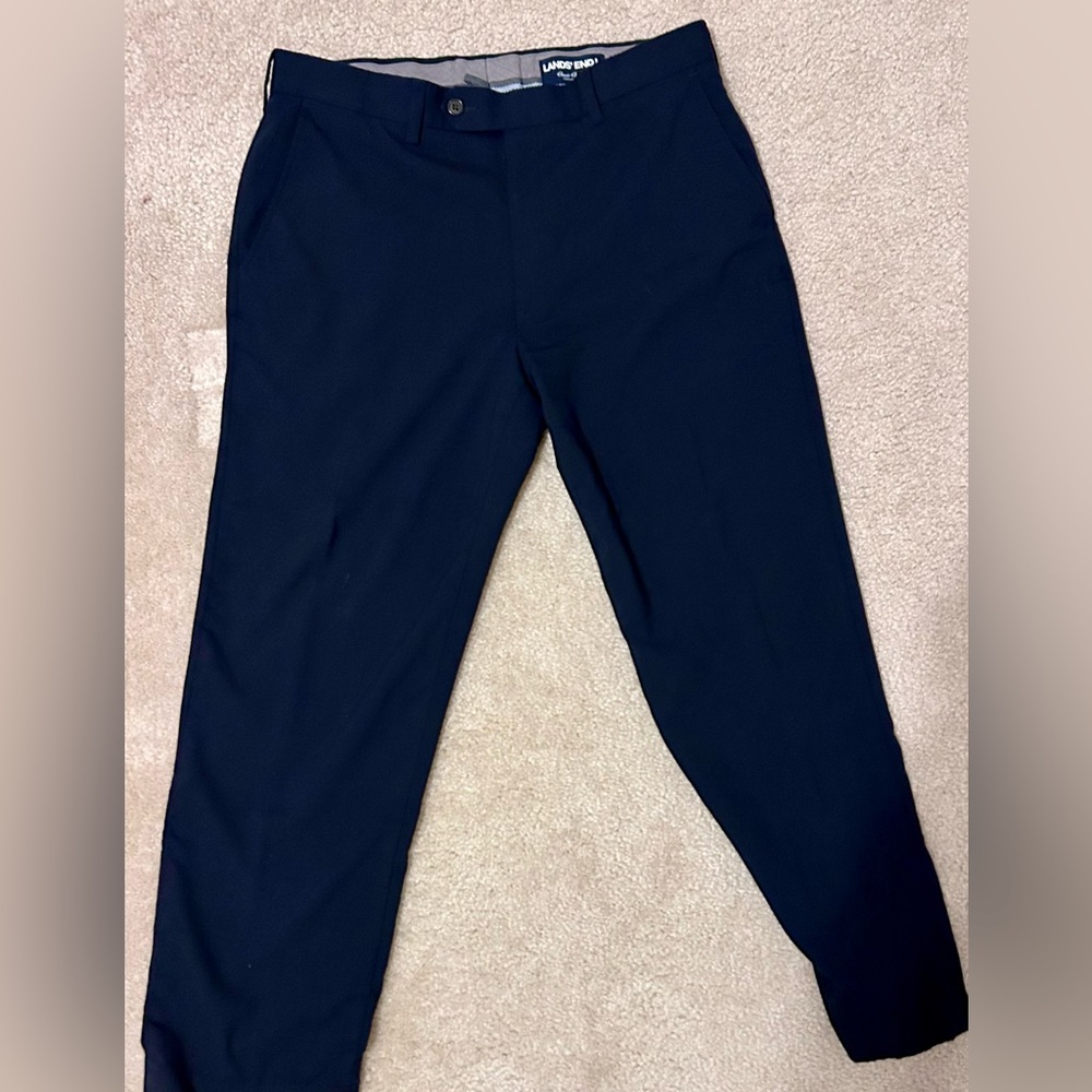 Land’s End Men's Washable Wool Plain Trousers - Traditional Fit, 33x28 Navy EUC